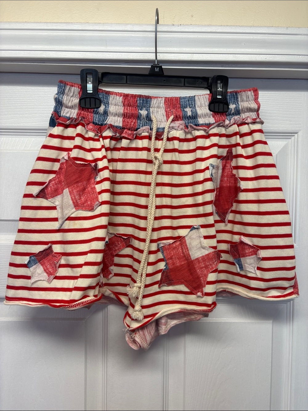 Fantastic Fawn Striped Red & Cream Star Patchwork Patriotic Shorts Medium